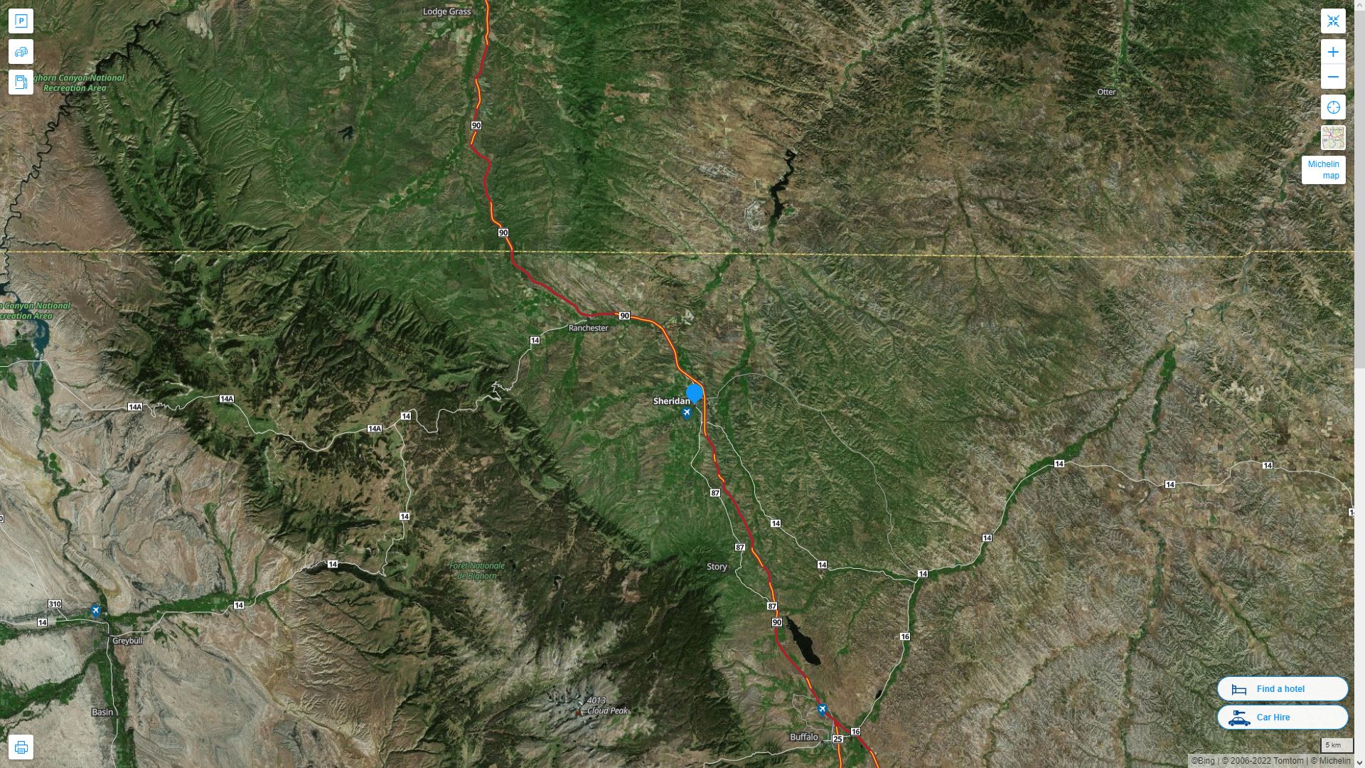 Sheridan Wyoming Highway and Road Map with Satellite View